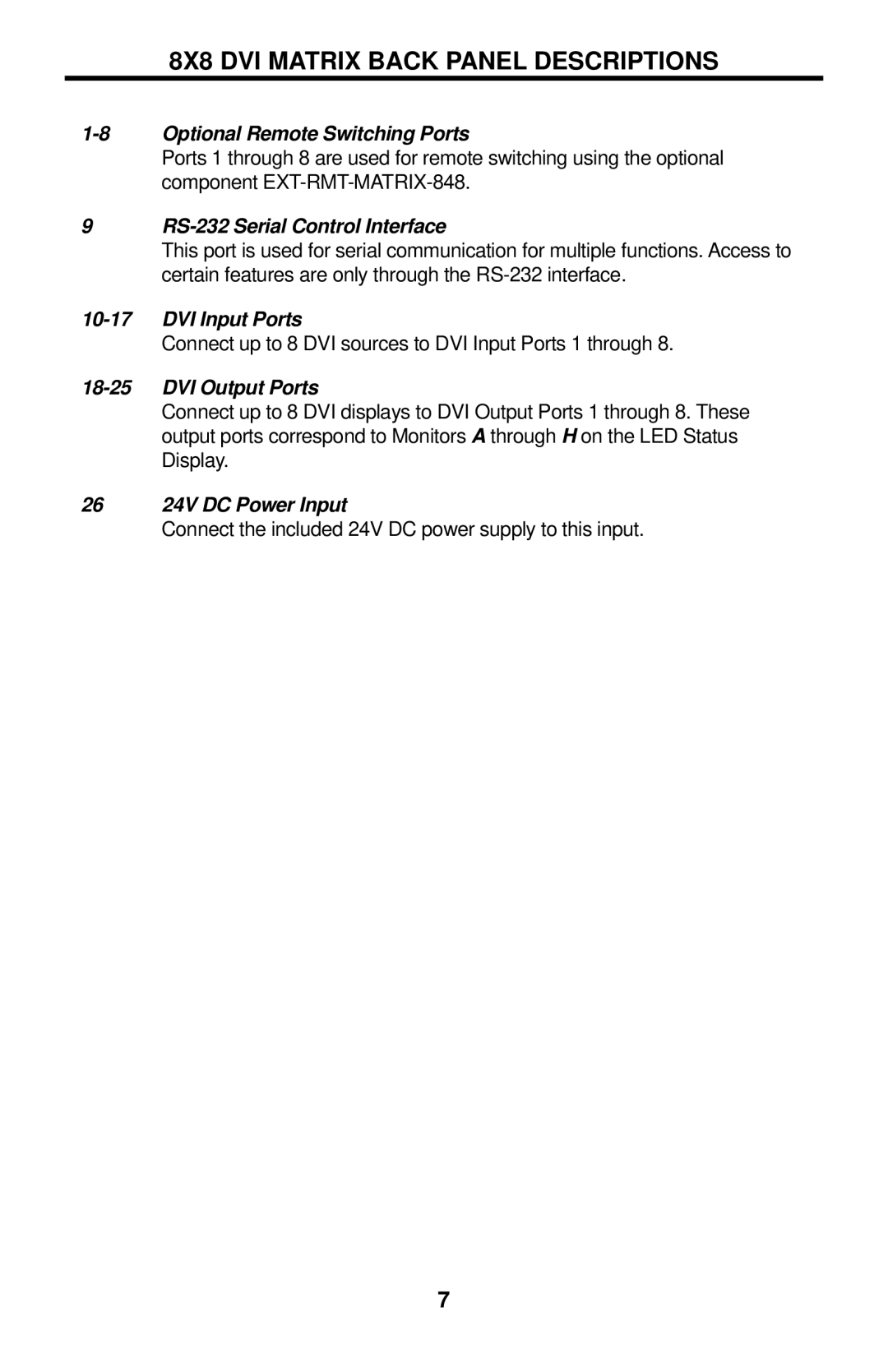 Gefen EXT-DVI-848 user manual 8X8 DVI Matrix Back Panel Descriptions, Optional Remote Switching Ports 