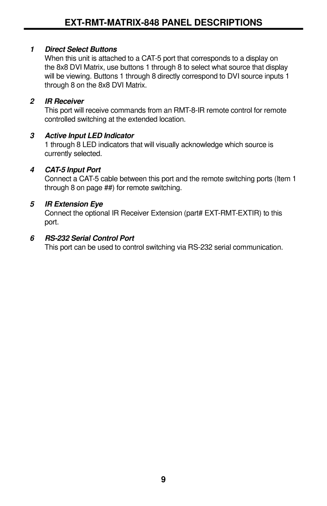 Gefen EXT-DVI-848 user manual EXT-RMT-MATRIX-848 Panel Descriptions, Direct Select Buttons 