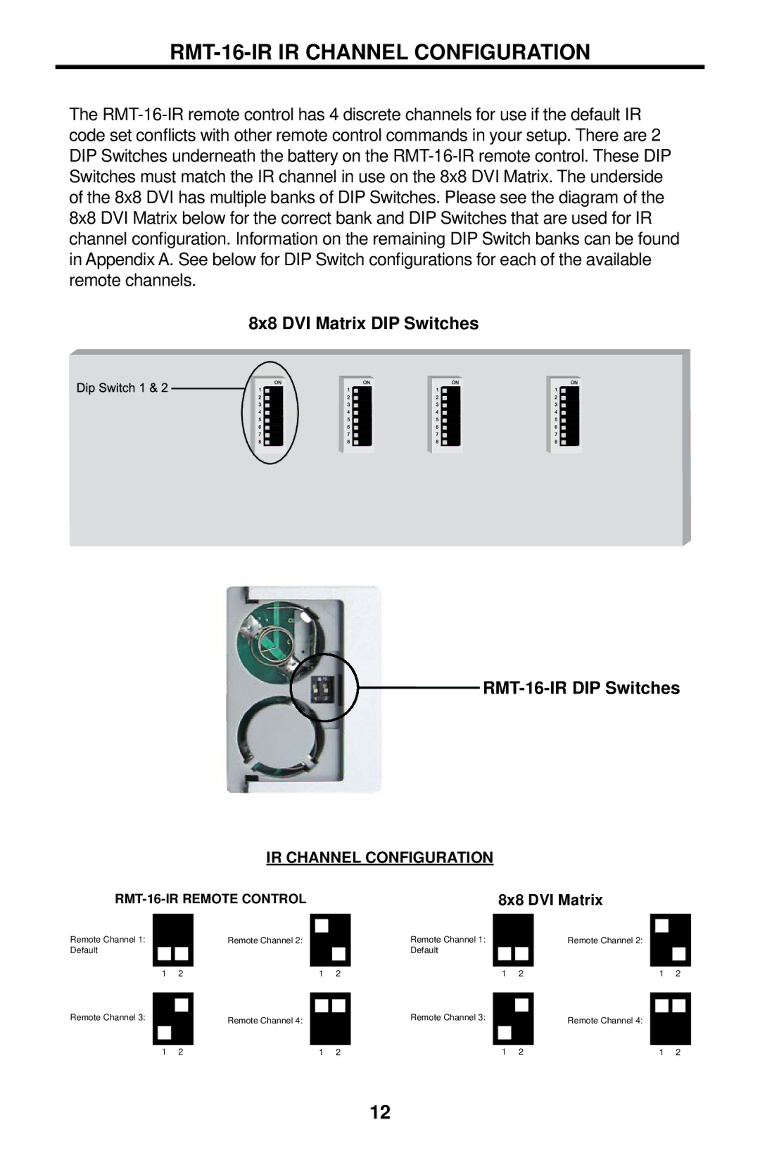 Gefen EXT-DVI-848 user manual RMT-16-IR IR Channel Configuration, 8x8 DVI Matrix DIP Switches RMT-16-IR DIP Switches 