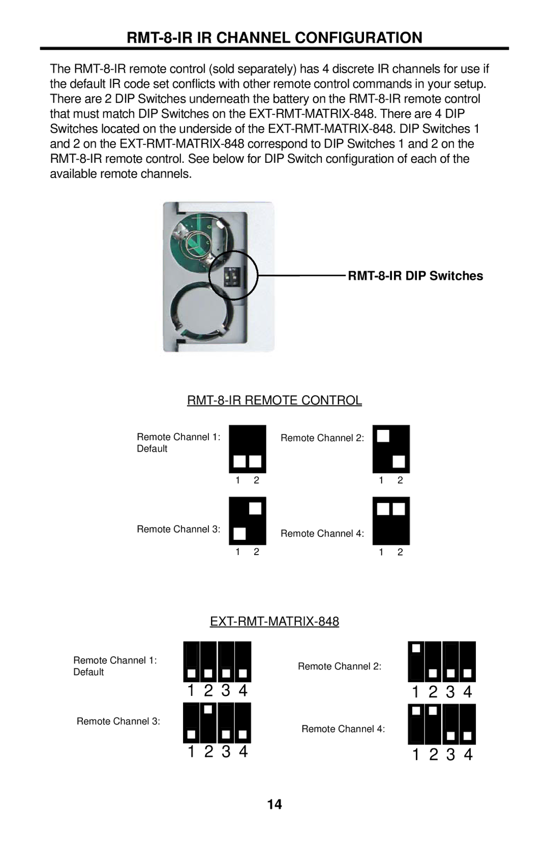 Gefen EXT-DVI-848 user manual RMT-8-IR IR Channel Configuration, RMT-8-IR DIP Switches 