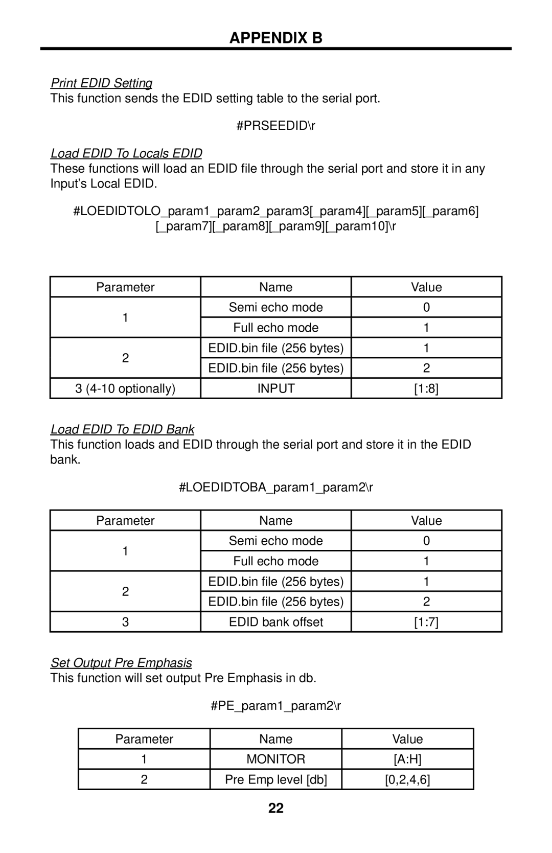 Gefen EXT-DVI-848 user manual Print Edid Setting, Load Edid To Locals Edid, Load Edid To Edid Bank, Set Output Pre Emphasis 