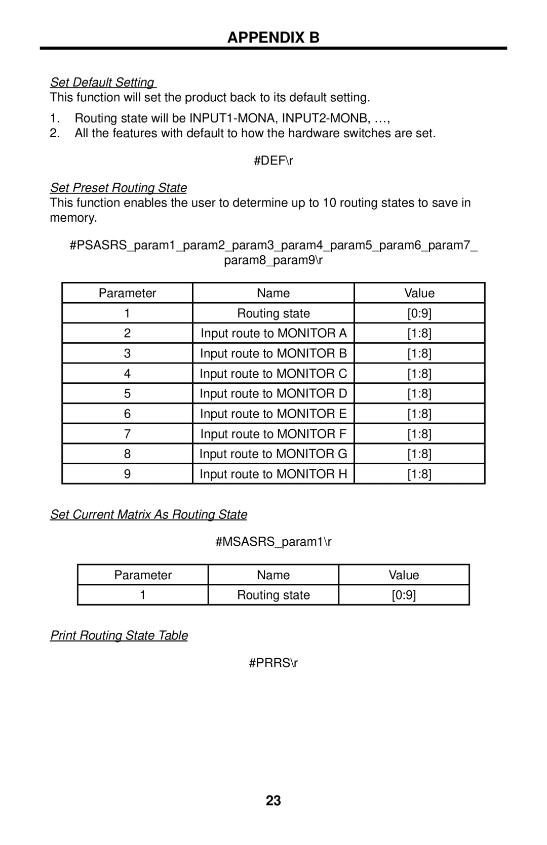 Gefen EXT-DVI-848 user manual Set Default Setting, Set Preset Routing State, Set Current Matrix As Routing State 