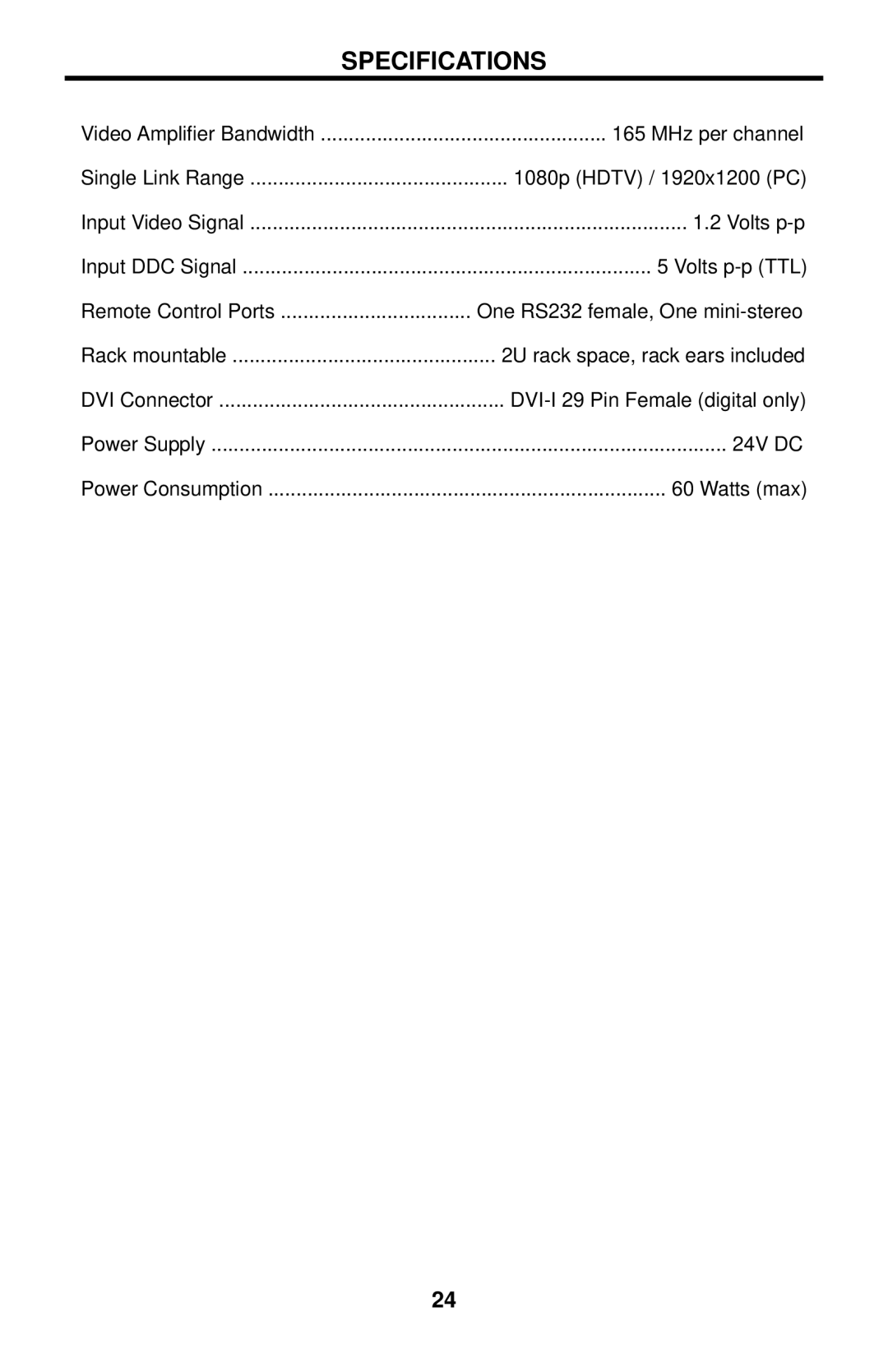 Gefen EXT-DVI-848 user manual Specifications 