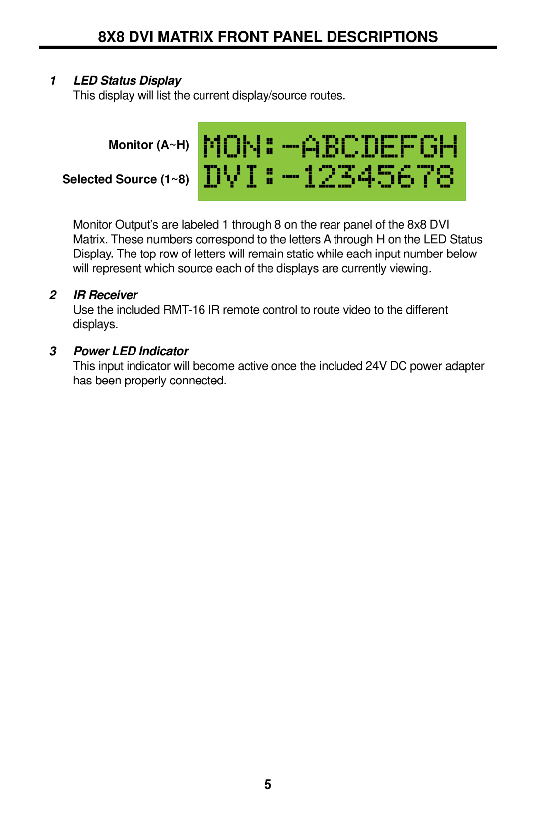 Gefen EXT-DVI-848 user manual 8X8 DVI Matrix Front Panel Descriptions, Monitor A~H Selected Source 1~8 