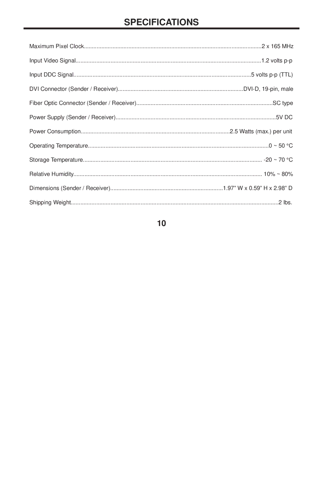 Gefen EXT-DVI-FM2000 user manual Specifications, 5V DC 