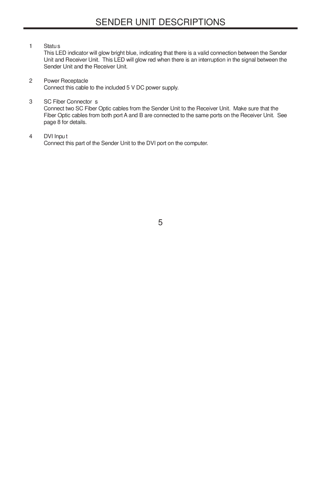 Gefen EXT-DVI-FM2000 user manual Sender Unit Descriptions, Status 