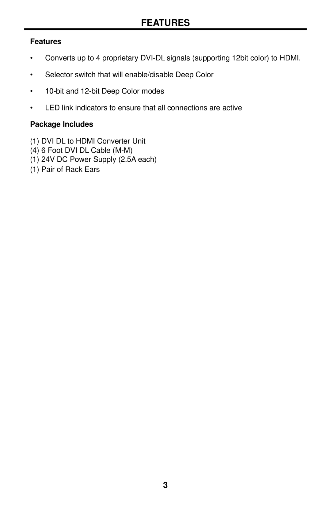 Gefen EXT-DVIDL-2-HDMIR user manual Features, Package Includes 