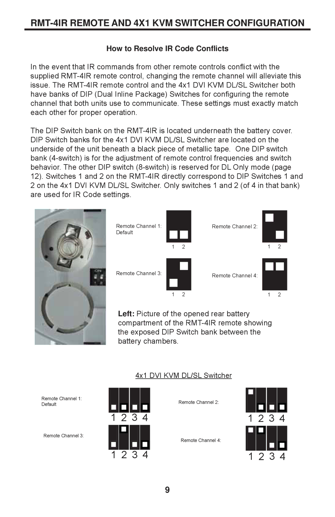 Gefen EXT-DVIKVM-441DL user manual RMT-4IR Remote and 4X1 KVM Switcher Configuration, How to Resolve IR Code Conﬂicts 