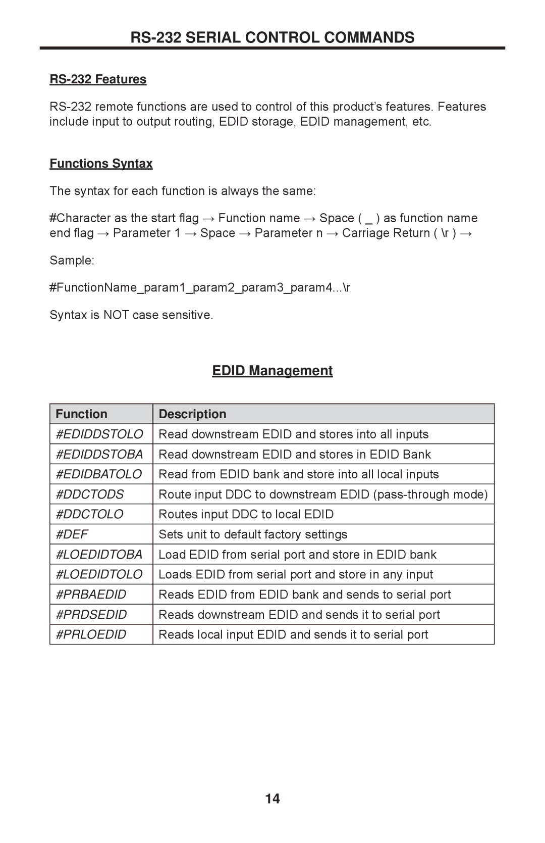 Gefen EXT-DVIKVM-441DL user manual RS-232 Serial Control Commands, RS-232 Features, Functions Syntax, Function Description 