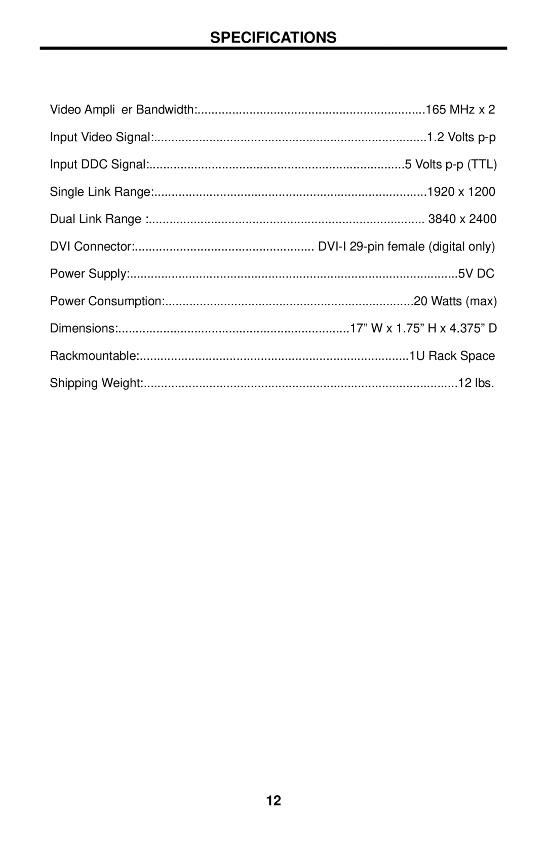 Gefen EXT-DVIKVM-841DL user manual Specifications, 5V DC 