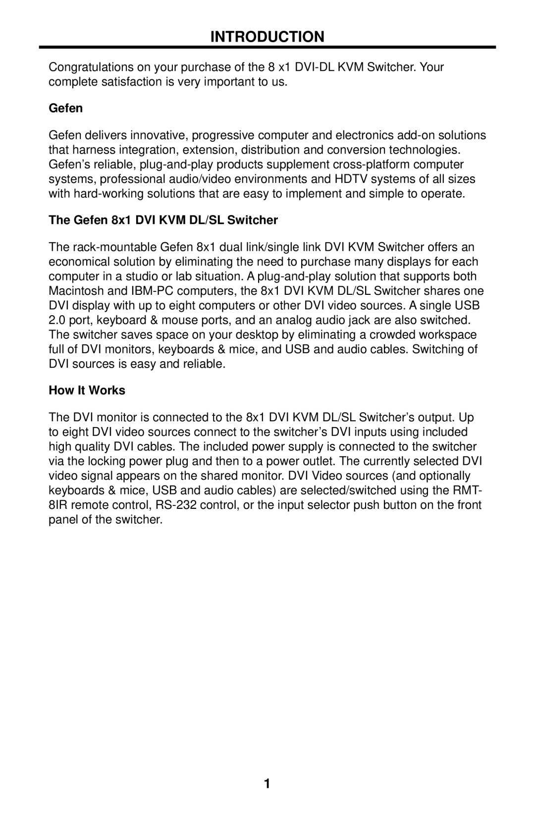 Gefen EXT-DVIKVM-841DL user manual Introduction, Gefen 8x1 DVI KVM DL/SL Switcher, How It Works 