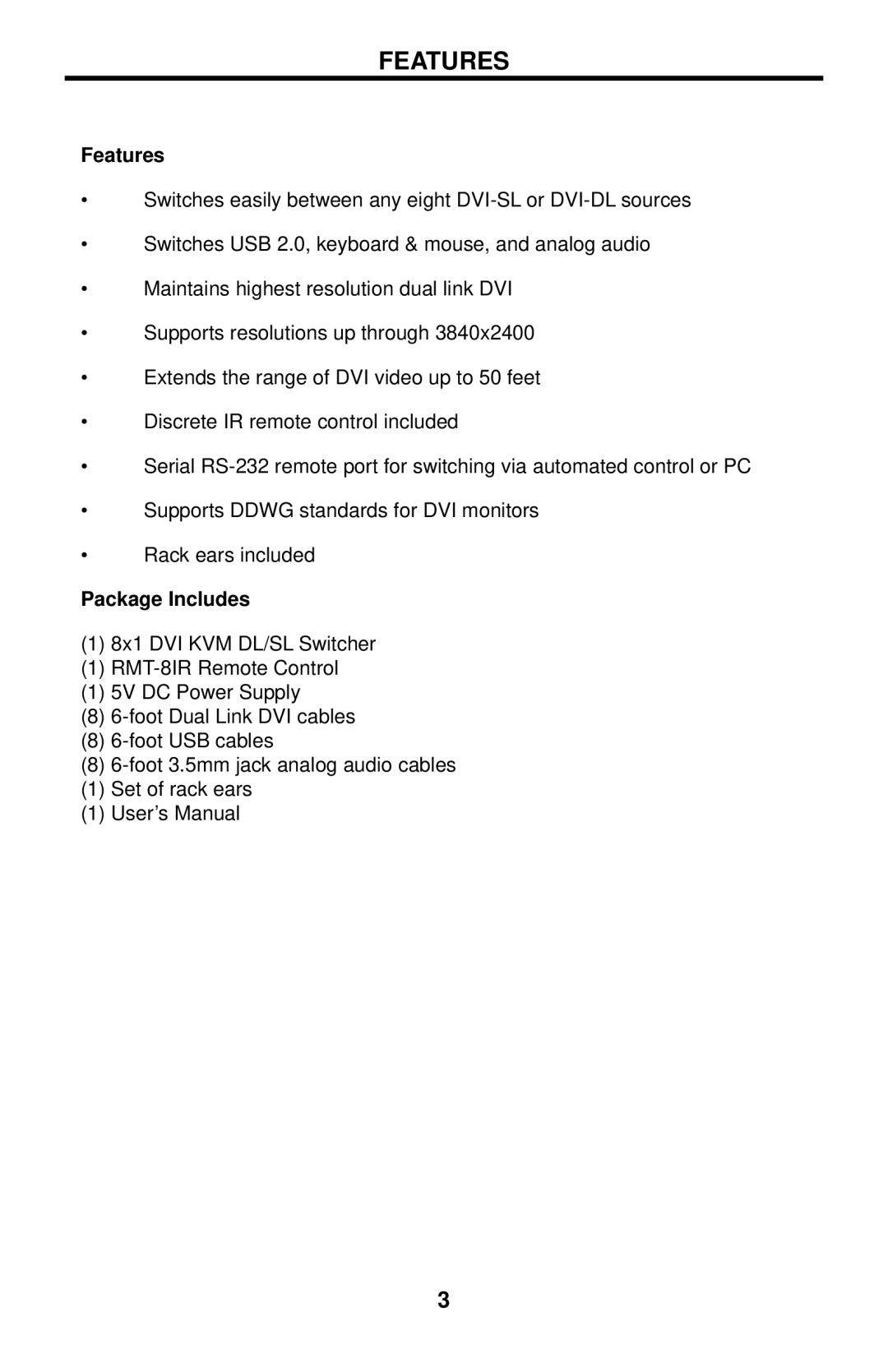 Gefen EXT-DVIKVM-841DL user manual Features, Package Includes 