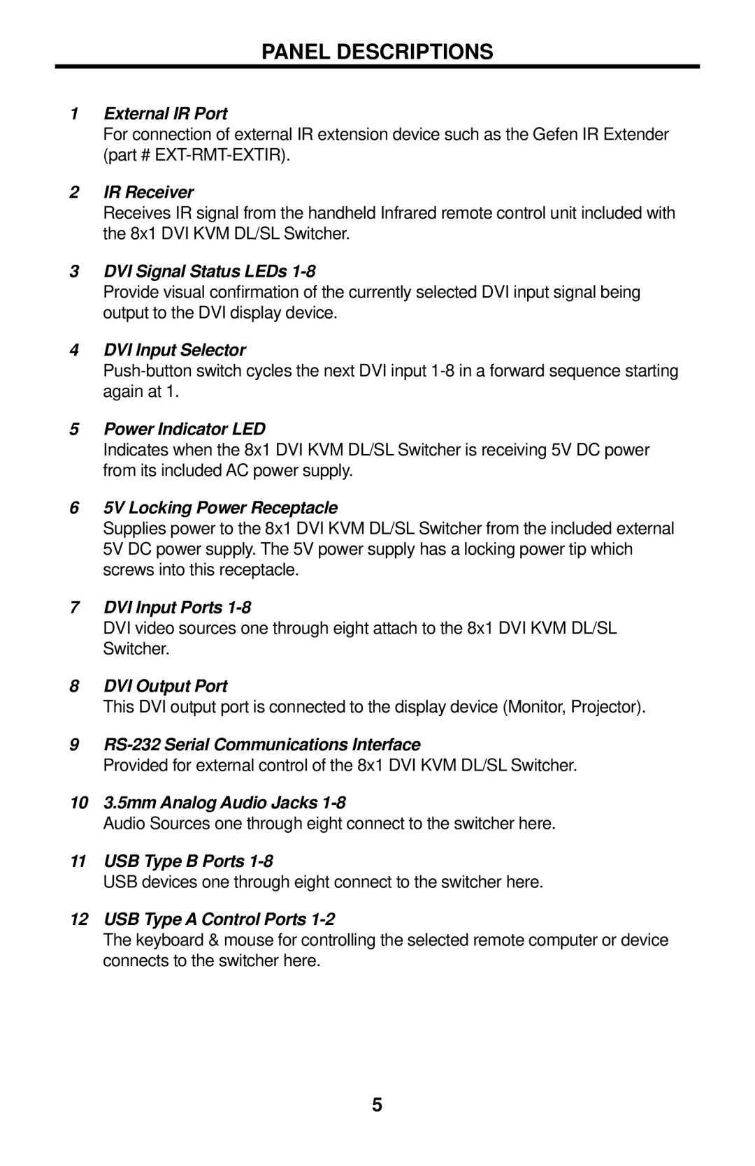 Gefen EXT-DVIKVM-841DL user manual Panel Descriptions, External IR Port 