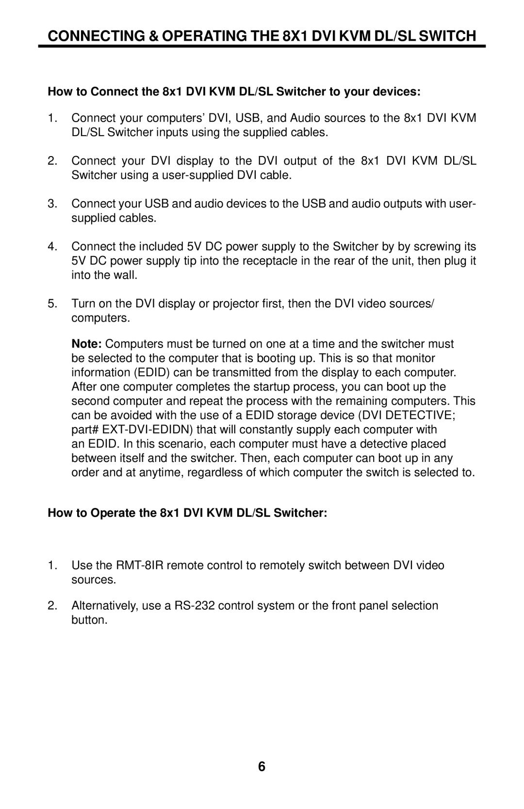 Gefen EXT-DVIKVM-841DL Connecting & Operating the 8X1 DVI KVM DL/SL Switch, How to Operate the 8x1 DVI KVM DL/SL Switcher 