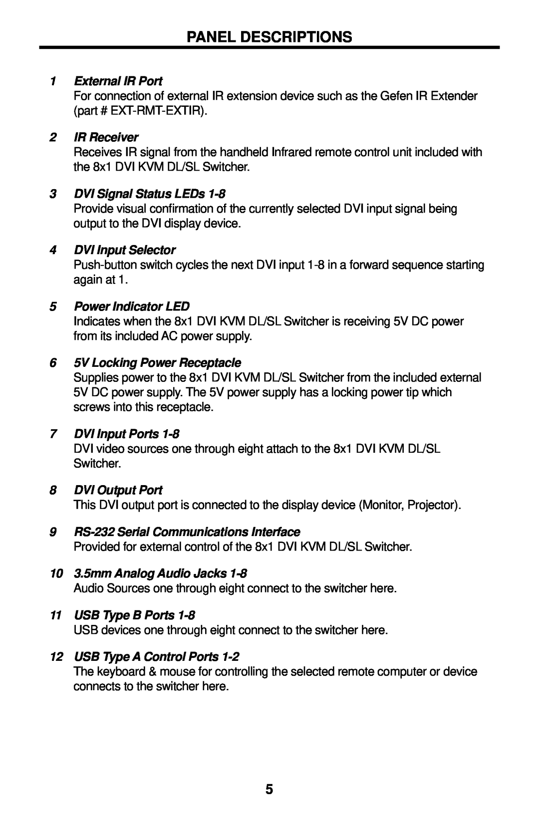 Gefen EXT-DVIKVM-841DL user manual Panel Descriptions 