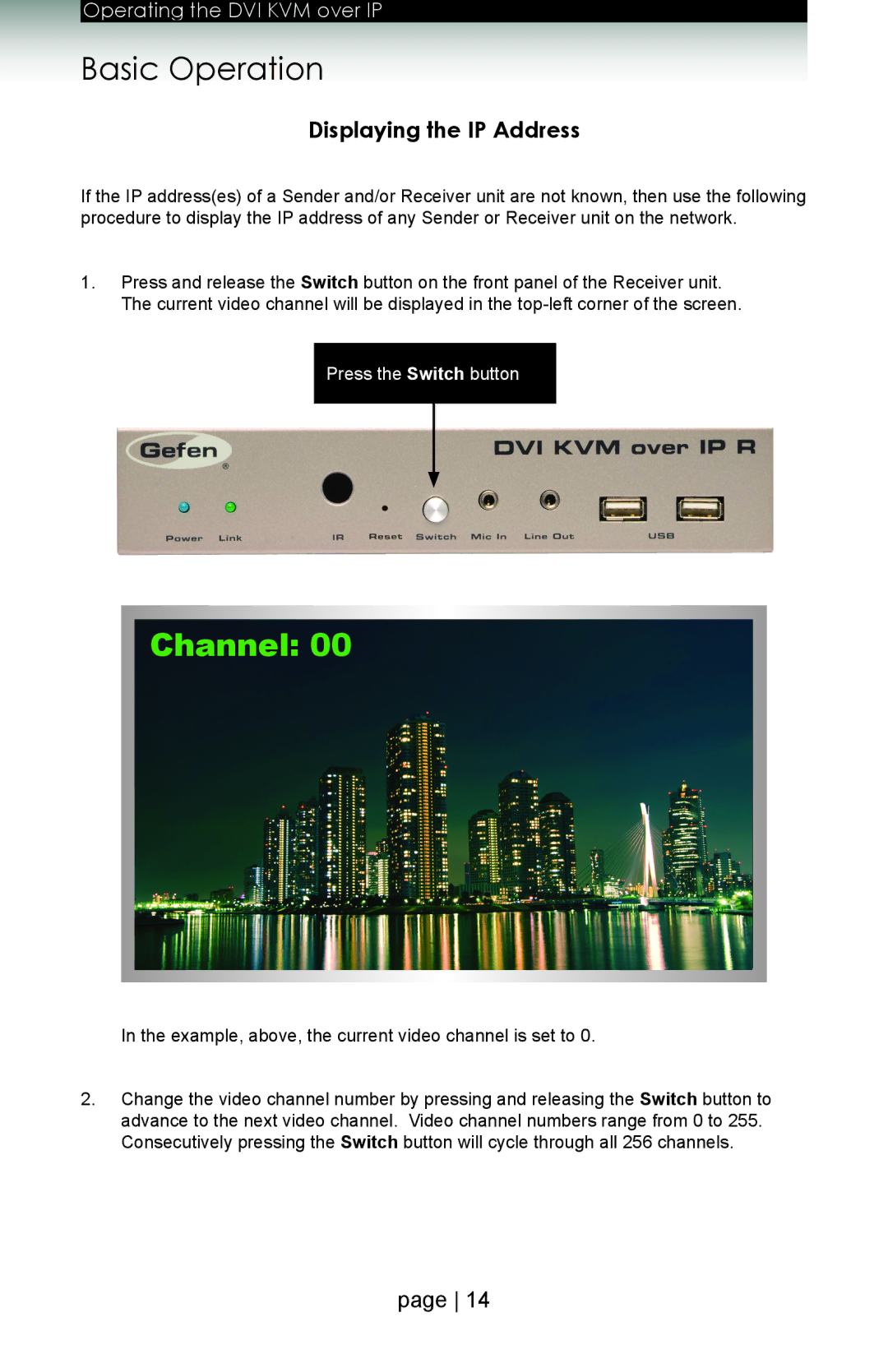 Gefen ext-dvikvm-lan user manual Basic Operation, Displaying the IP Address 