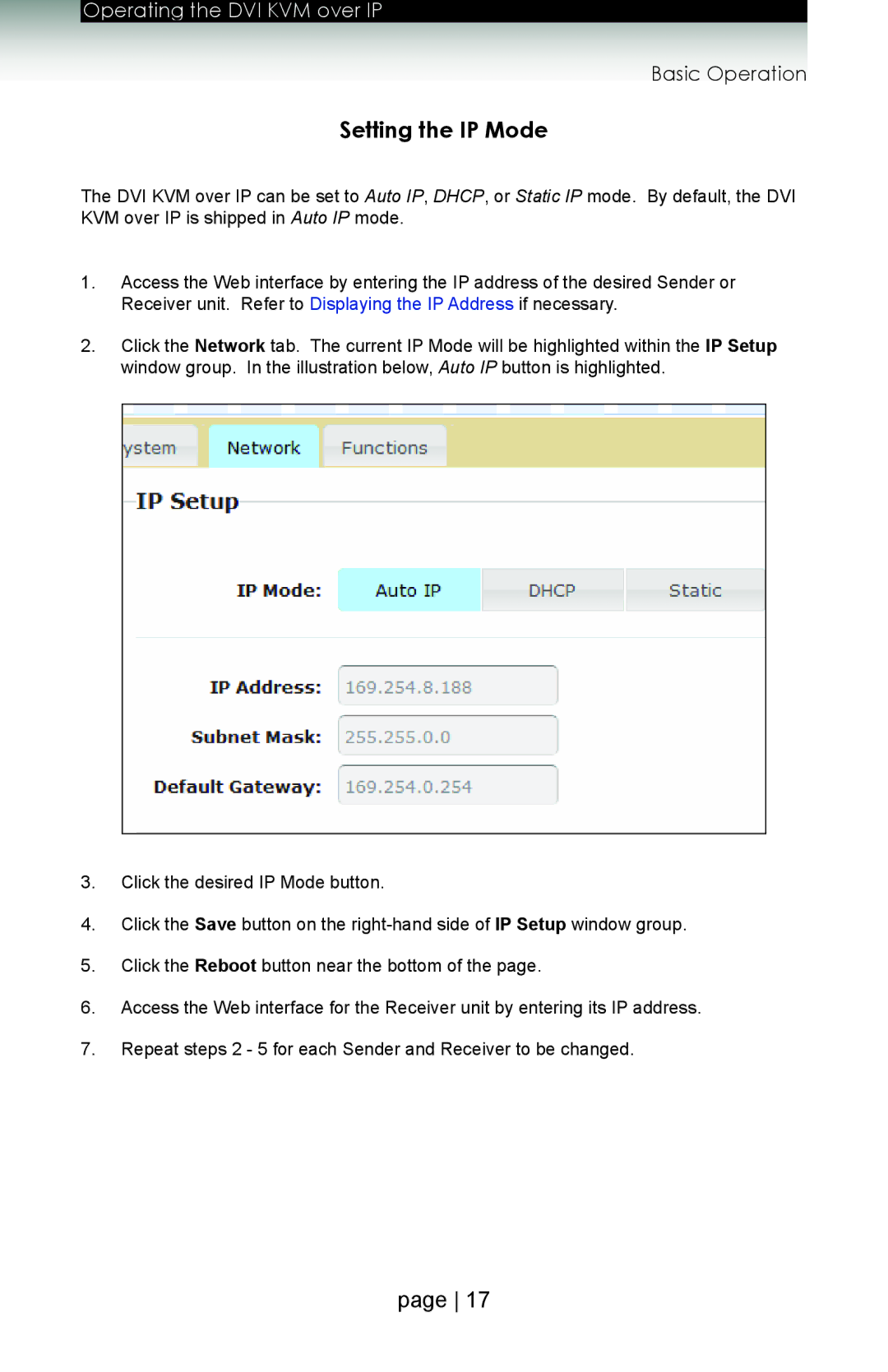 Gefen ext-dvikvm-lan user manual Setting the IP Mode 