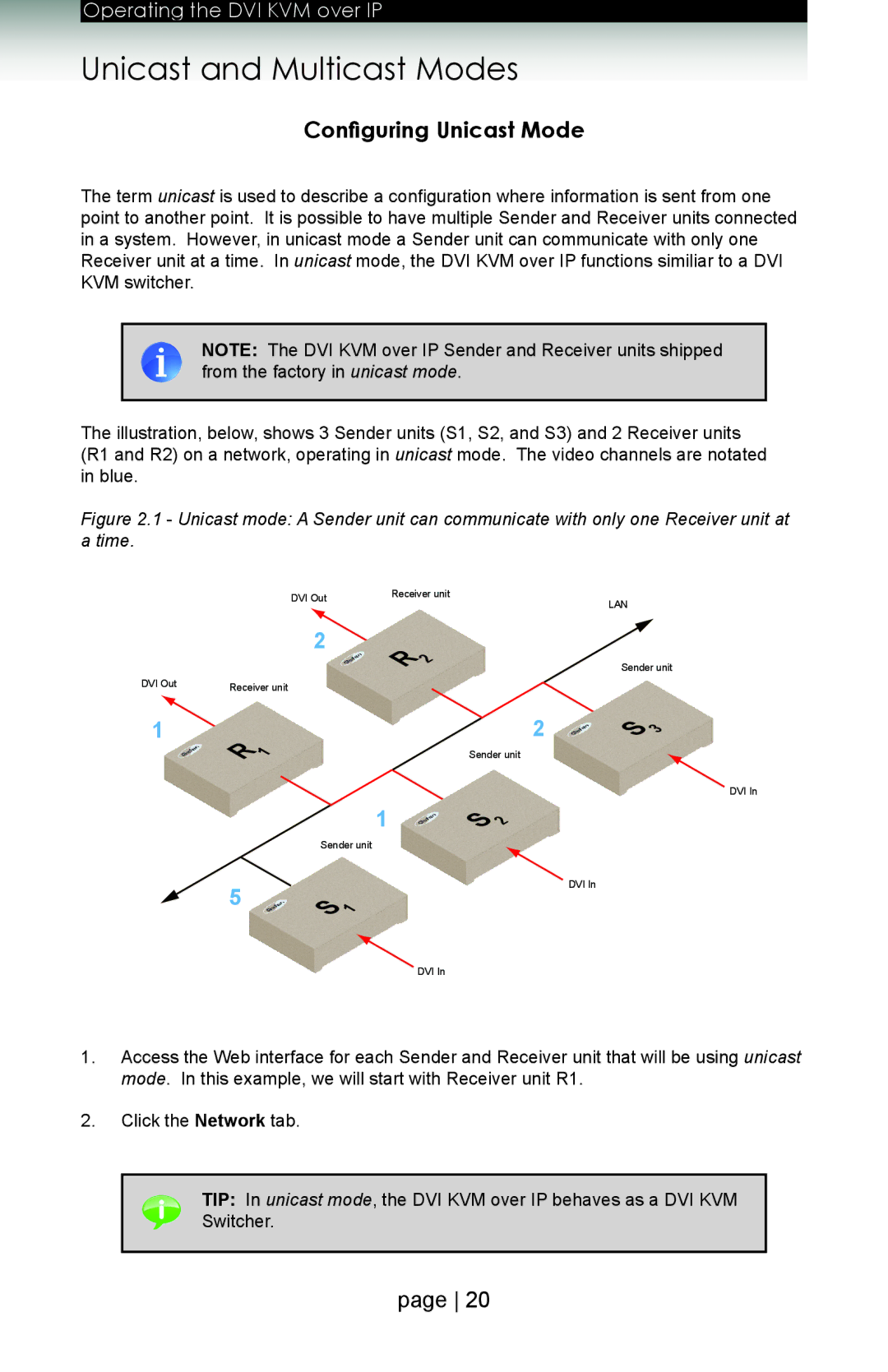 Gefen ext-dvikvm-lan user manual Unicast and Multicast Modes, Configuring Unicast Mode 