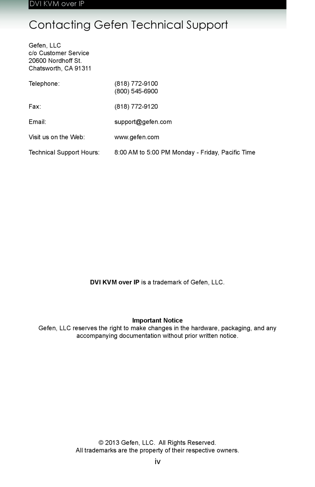 Gefen ext-dvikvm-lan user manual Contacting Gefen Technical Support, Important Notice 