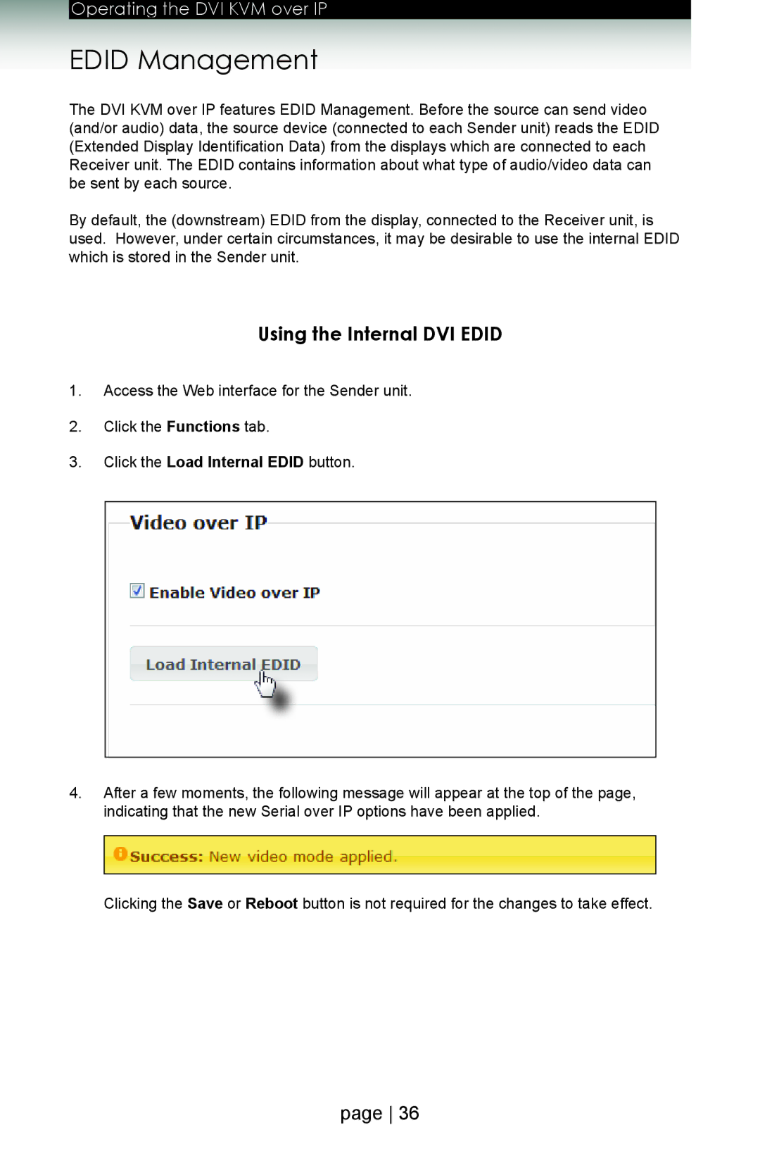 Gefen ext-dvikvm-lan user manual Edid Management, Using the Internal DVI Edid 