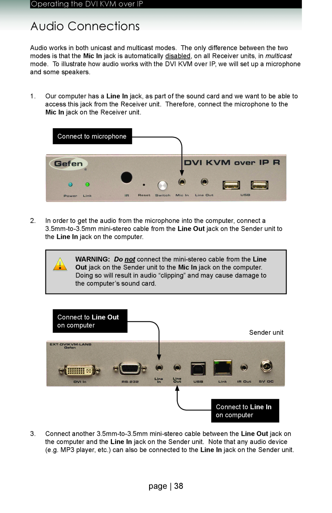 Gefen ext-dvikvm-lan user manual Audio Connections, Connect to microphone 