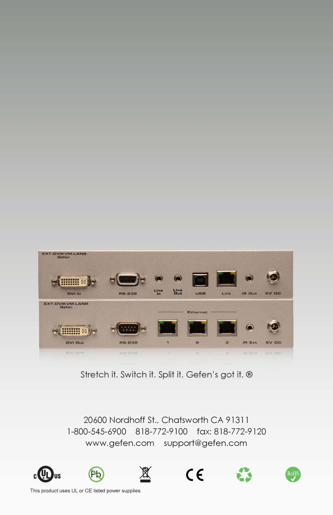 Gefen ext-dvikvm-lan user manual This product uses UL or CE listed power supplies 