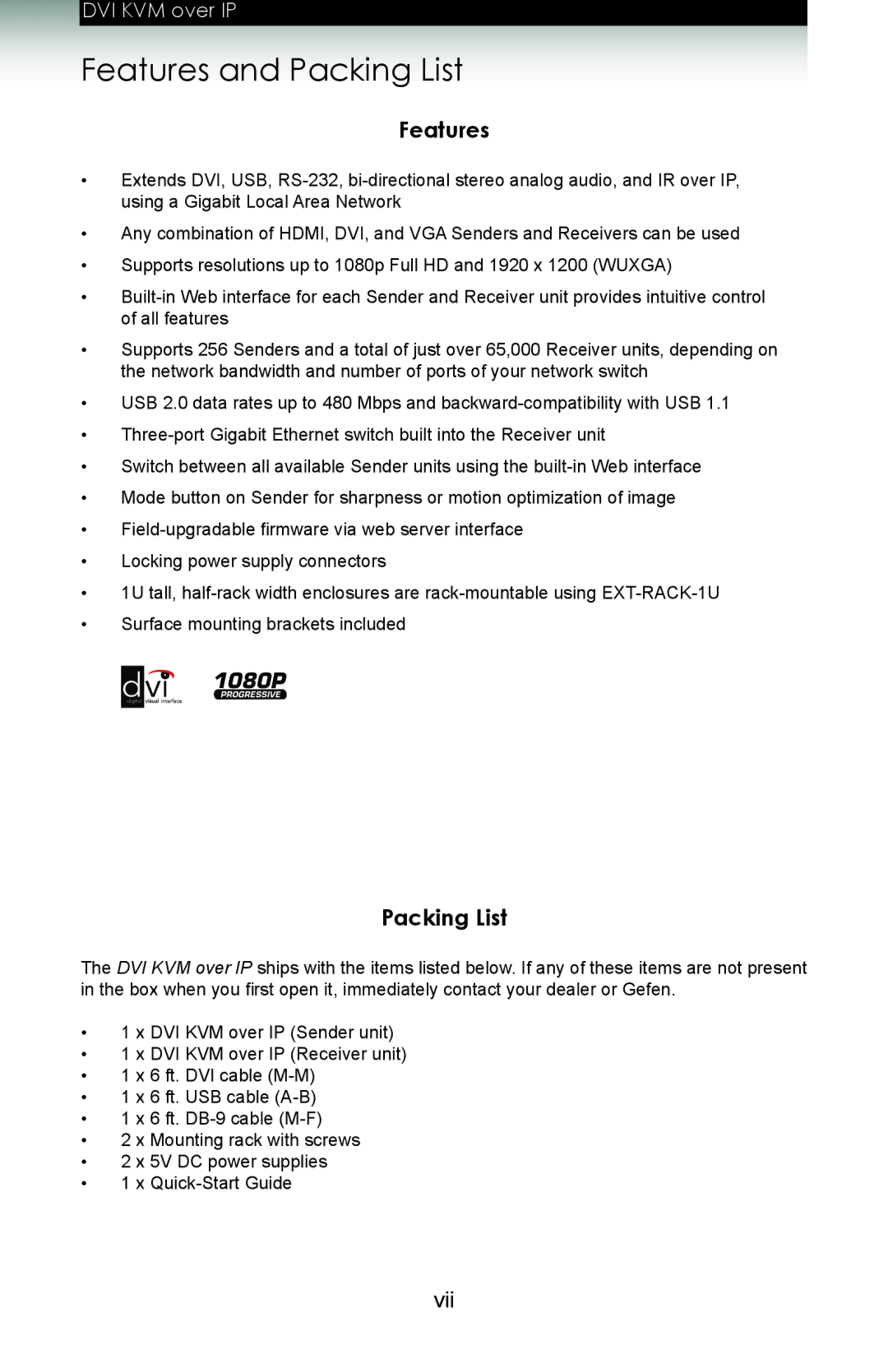 Gefen ext-dvikvm-lan user manual Features and Packing List 