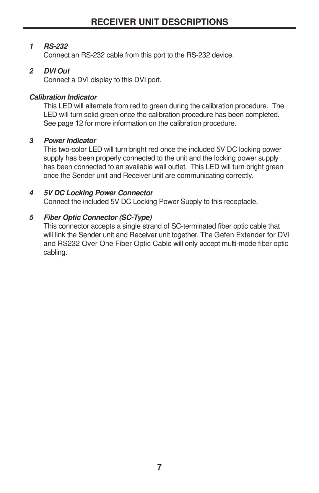 Gefen EXT-DVIRS232-1FO user manual Receiver Unit Descriptions, Fiber Optic Connector SC-Type 