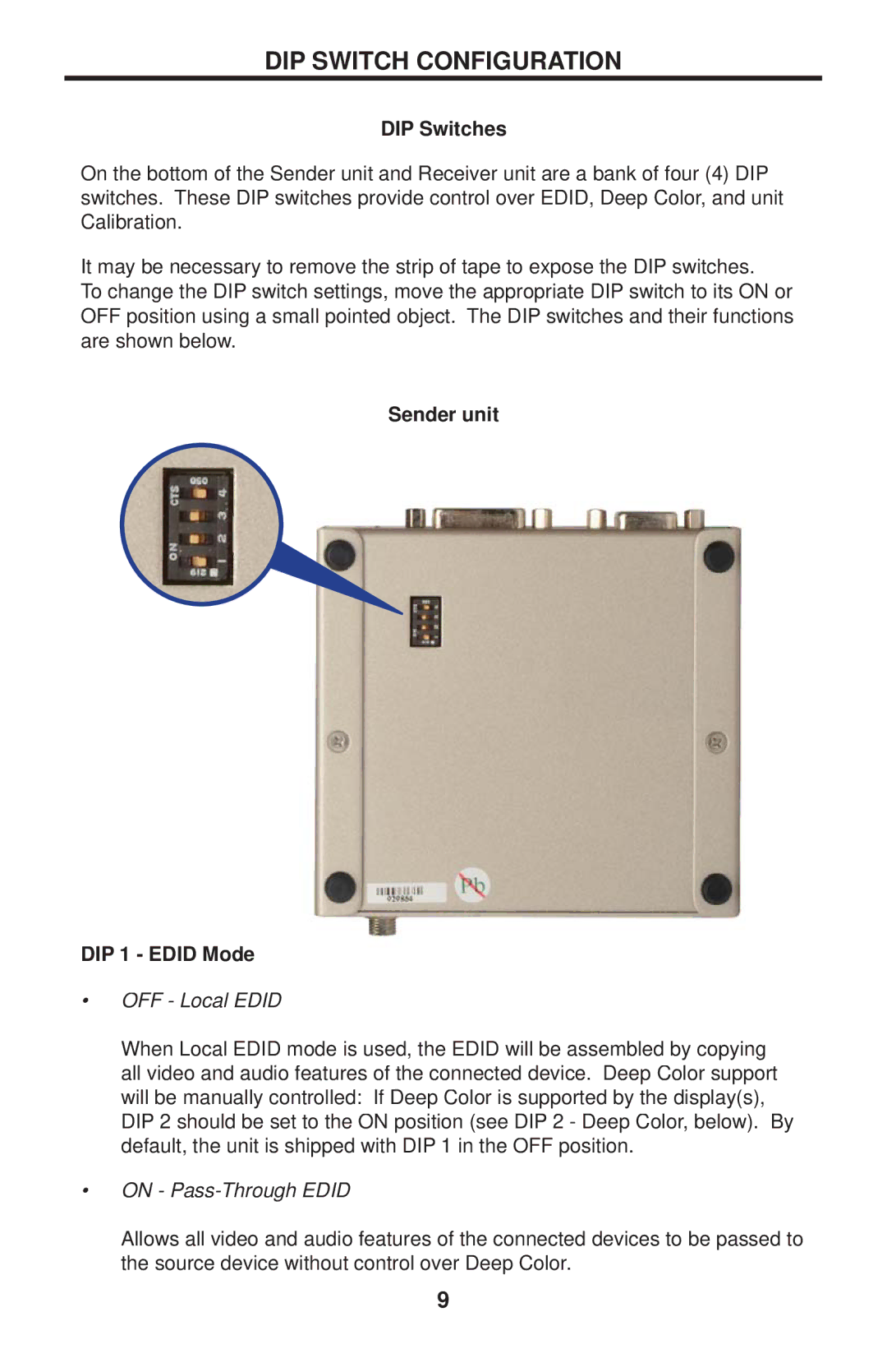 Gefen EXT-DVIRS232-1FO user manual DIP Switch Configuration, DIP Switches, Sender unit DIP 1 Edid Mode 