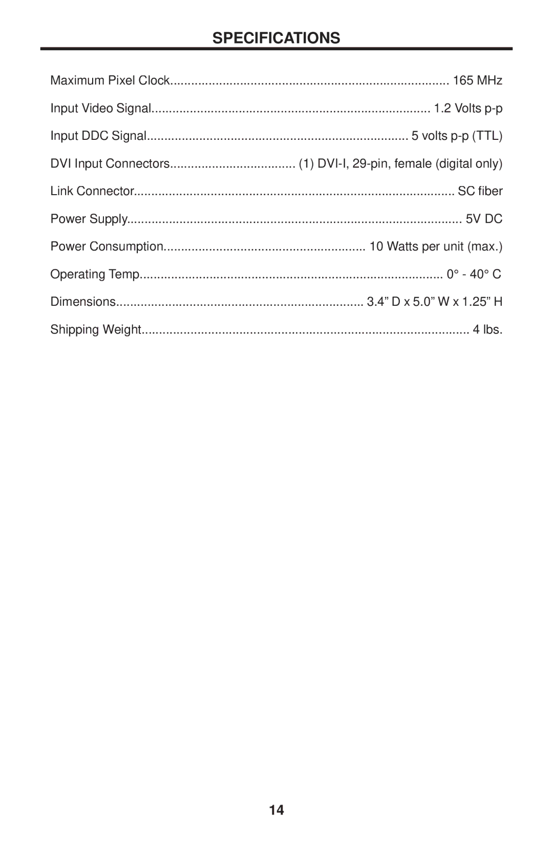 Gefen EXT-DVIRS232-1FO user manual Specifications, 5V DC 