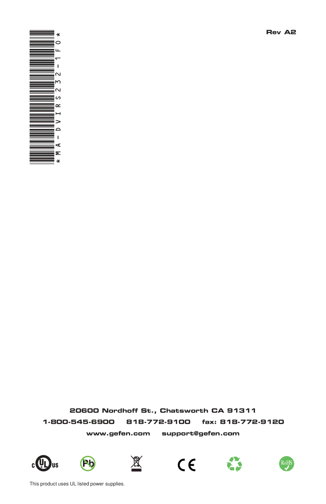 Gefen EXT-DVIRS232-1FO user manual Rev A2 Nordhoff St., Chatsworth CA 