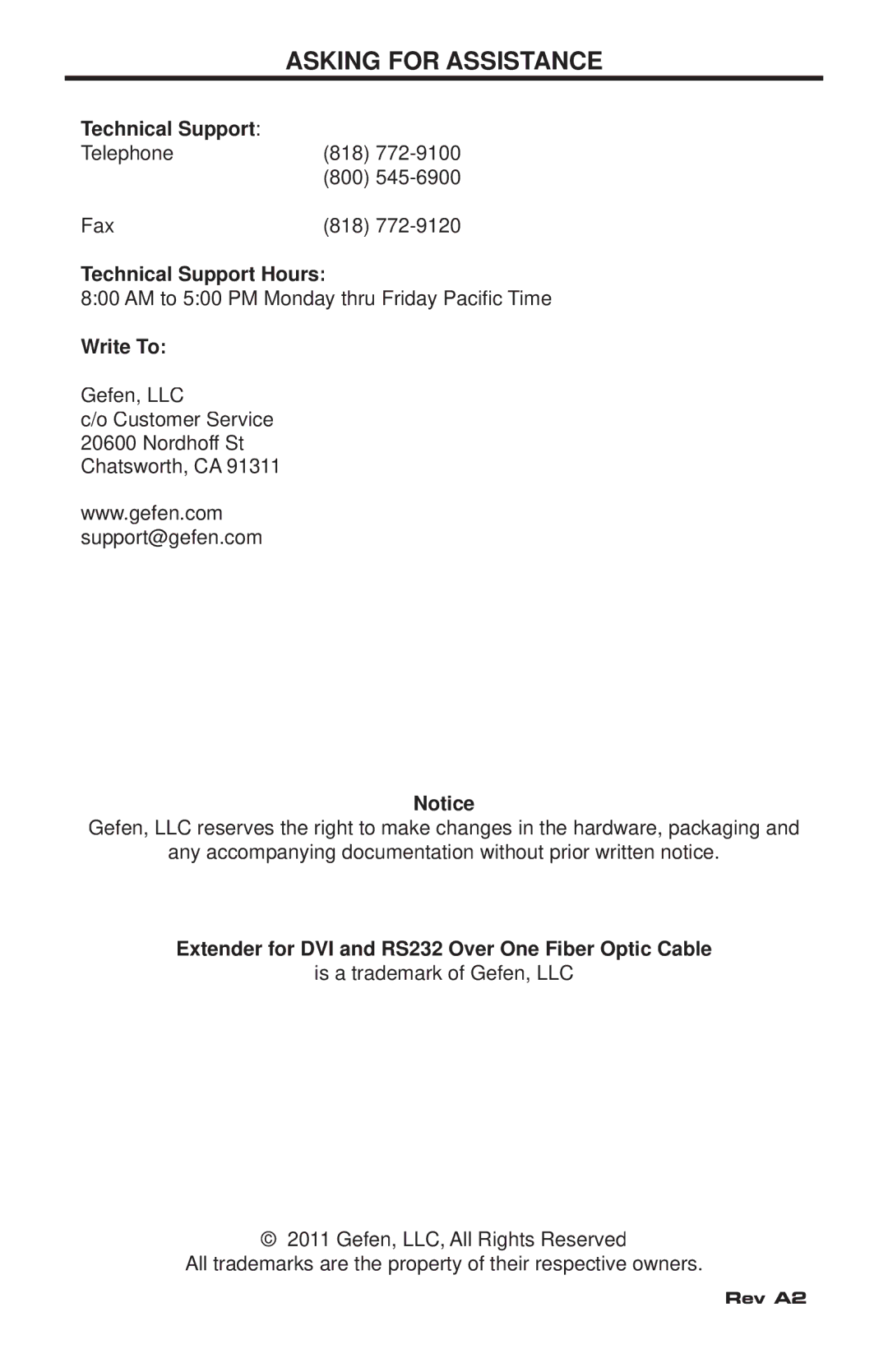 Gefen EXT-DVIRS232-1FO user manual Asking for Assistance, Technical Support Hours, Write To 