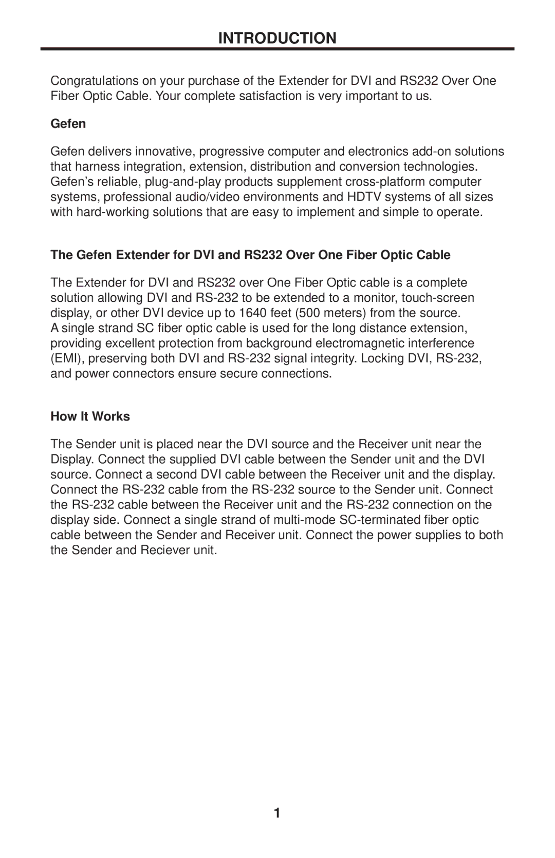 Gefen EXT-DVIRS232-1FO Introduction, Gefen Extender for DVI and RS232 Over One Fiber Optic Cable, How It Works 