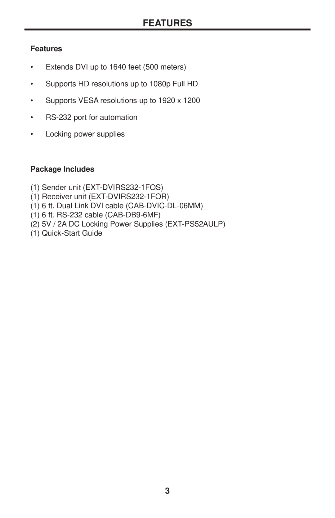 Gefen EXT-DVIRS232-1FO user manual Features, Package Includes 