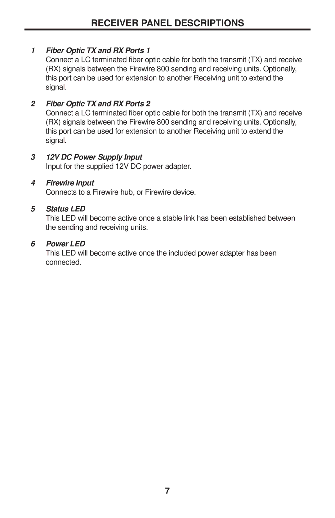 Gefen EXT-FW-1394BP user manual Receiver Panel Descriptions, Fiber Optic TX and RX Ports 