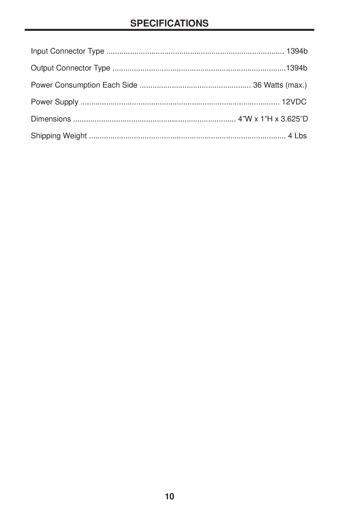 Gefen EXT-FW-1394BP user manual Specifications 