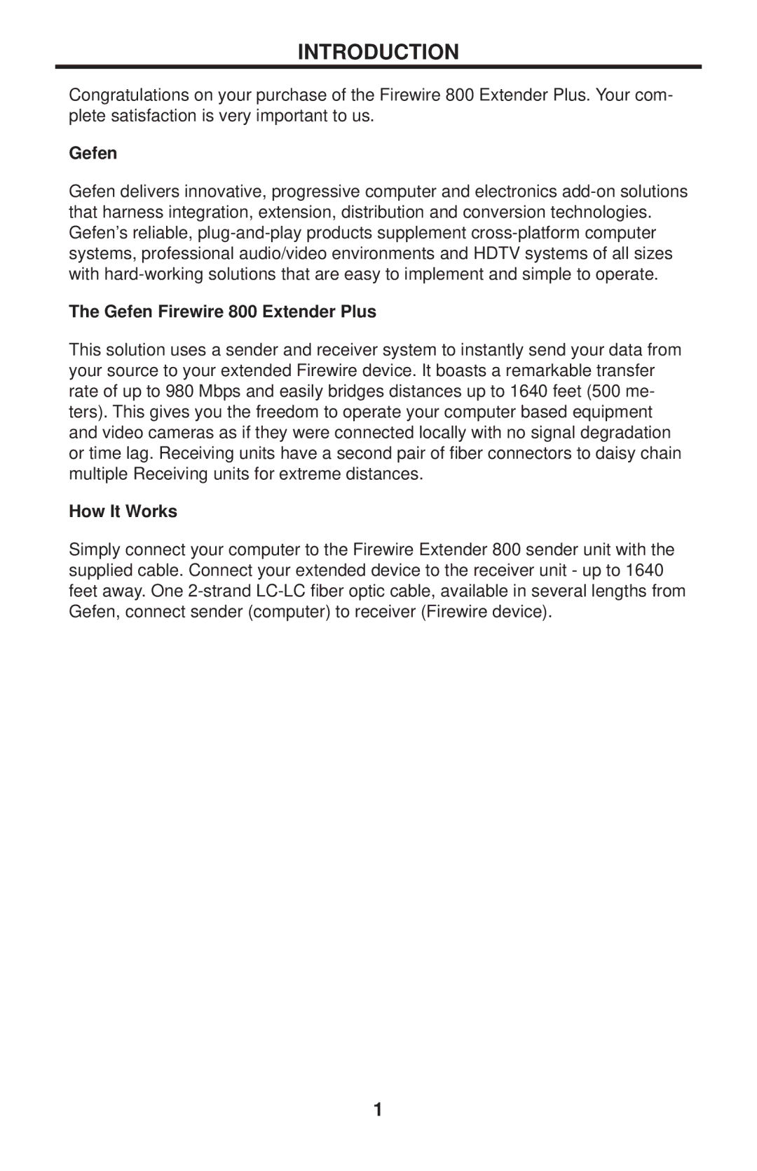 Gefen EXT-FW-1394BP user manual Introduction, Gefen Firewire 800 Extender Plus, How It Works 