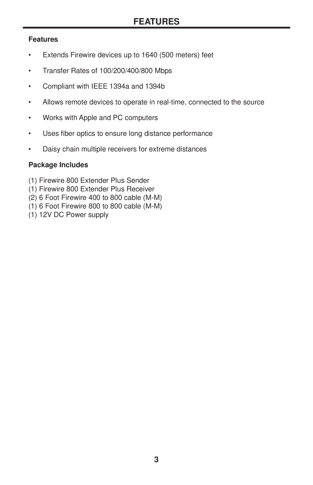 Gefen EXT-FW-1394BP user manual Features, Package Includes 