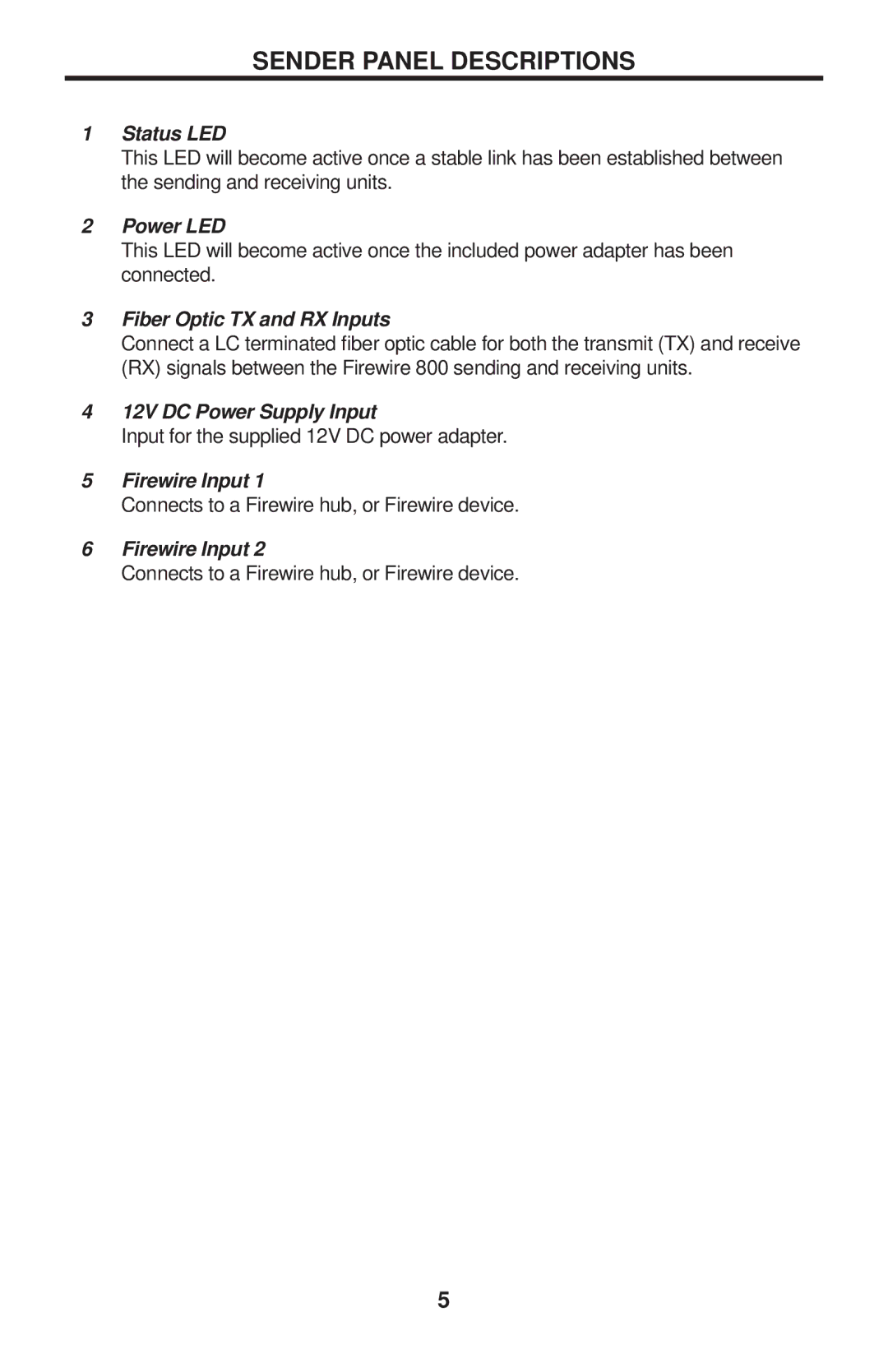 Gefen EXT-FW-1394BP user manual Sender Panel Descriptions, Status LED 