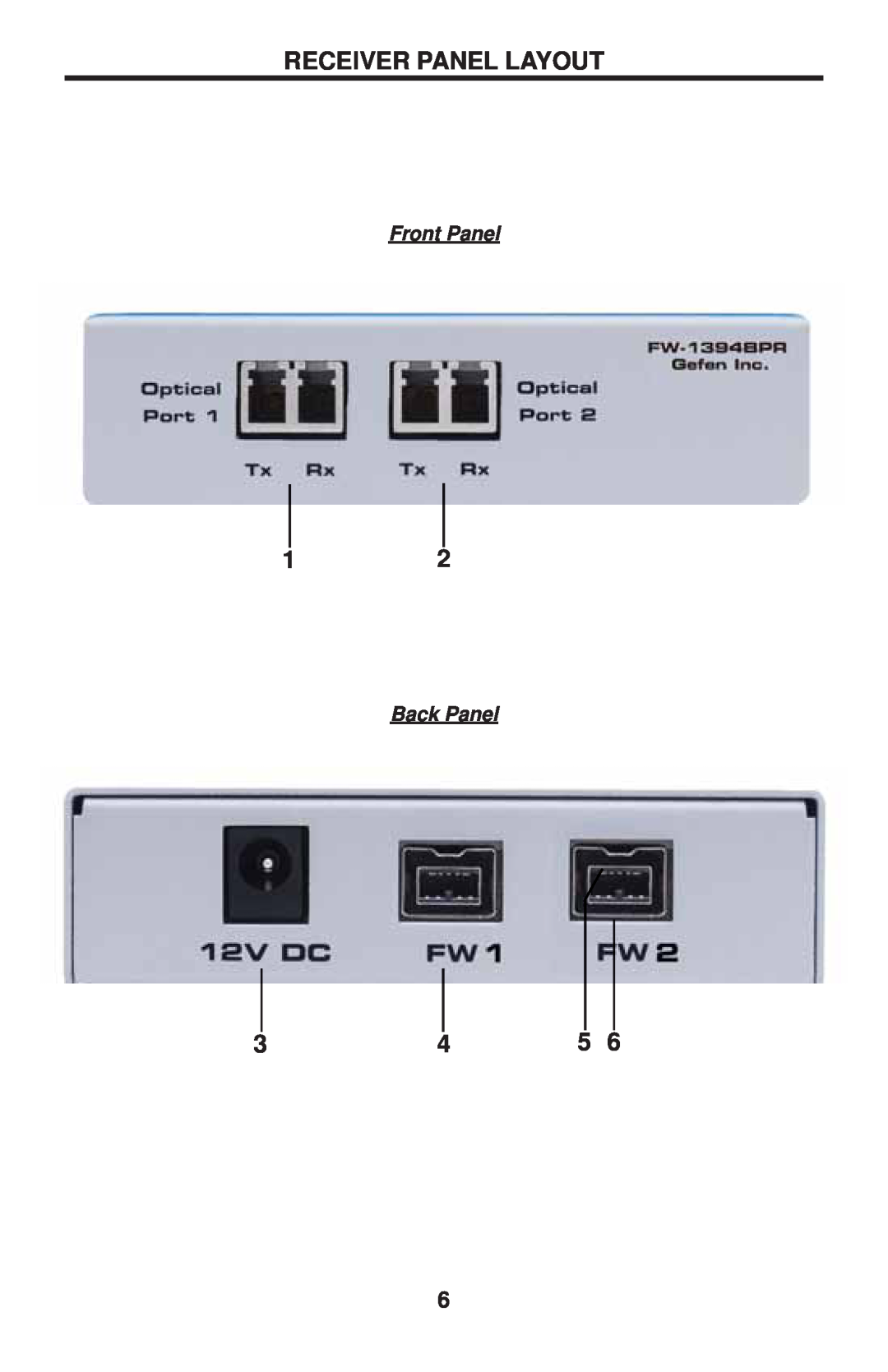 Gefen EXT-FW-1394BP user manual Receiver Panel Layout, Front Panel, Back Panel 