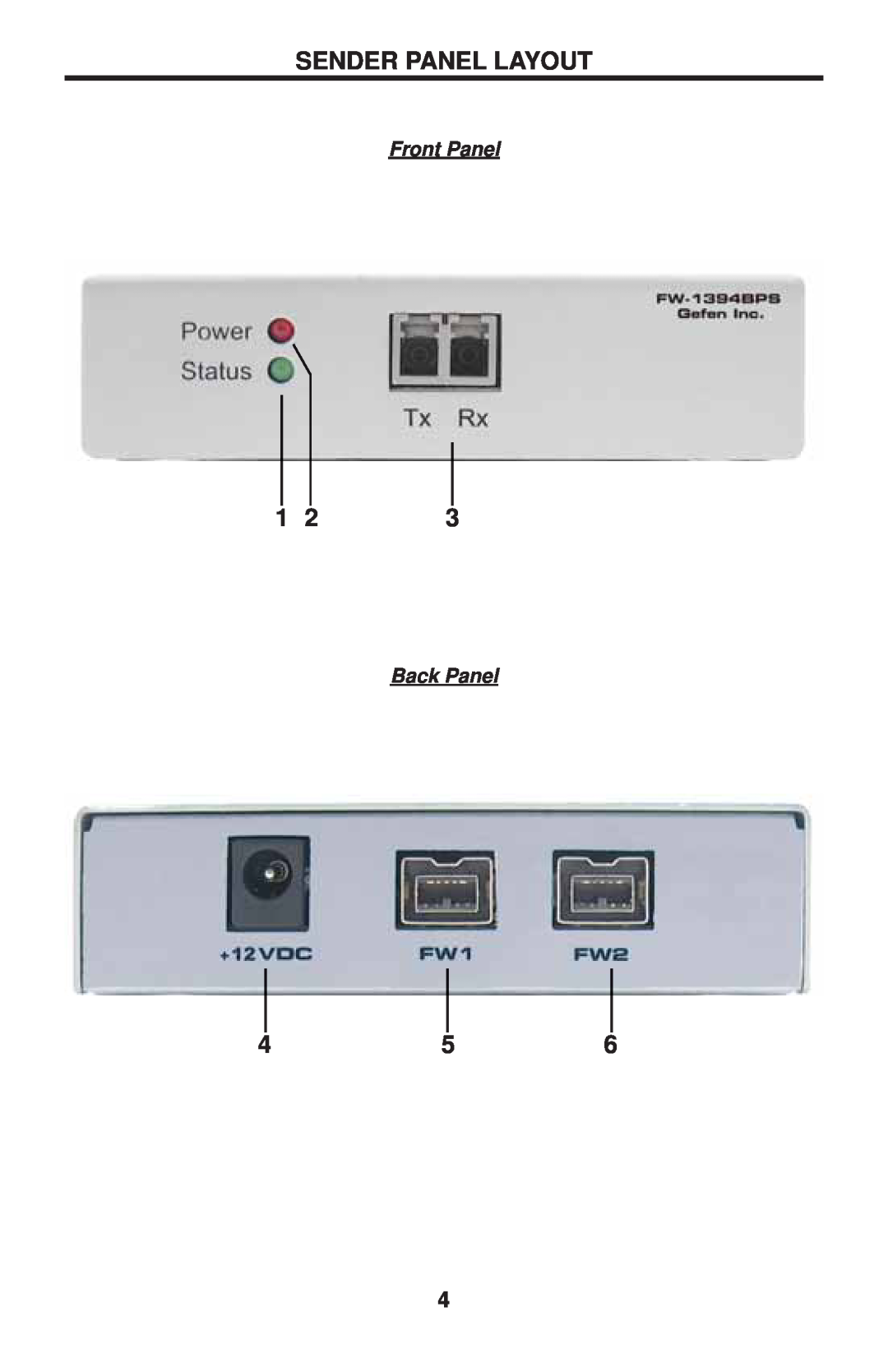 Gefen EXT-FW-1394BP user manual Sender Panel Layout, Front Panel, Back Panel 