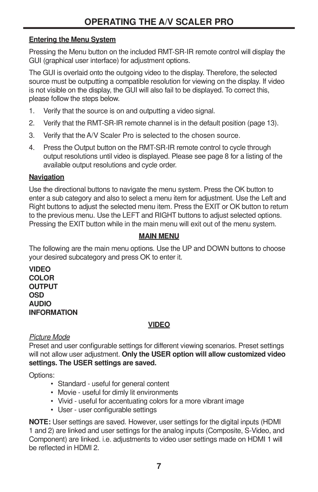 Gefen EXT-GSCALER-PRO user manual Operating the A/V Scaler PRO, Picture Mode 