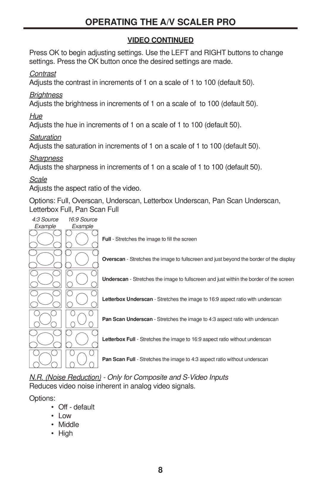 Gefen EXT-GSCALER-PRO user manual Contrast, Brightness, Hue, Saturation, Sharpness, Scale 