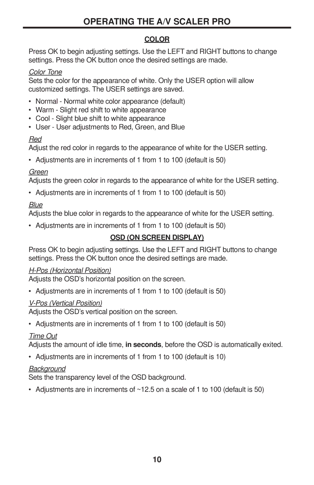 Gefen EXT-GSCALER-PRO user manual Color Tone, Red, Green, Blue, Time Out, Background 