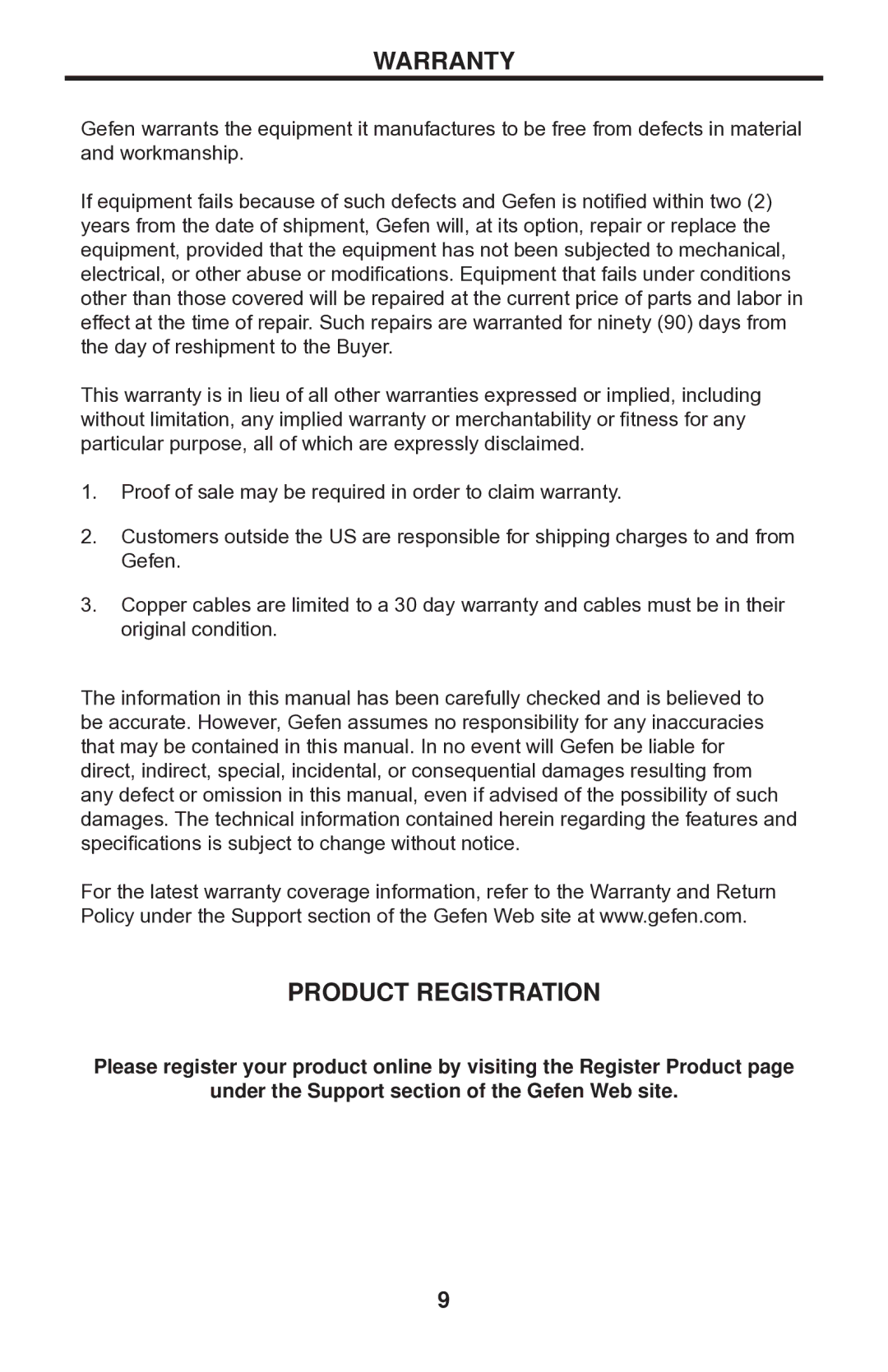 Gefen EXT-HD-CP-FM10 user manual Warranty, Product Registration 