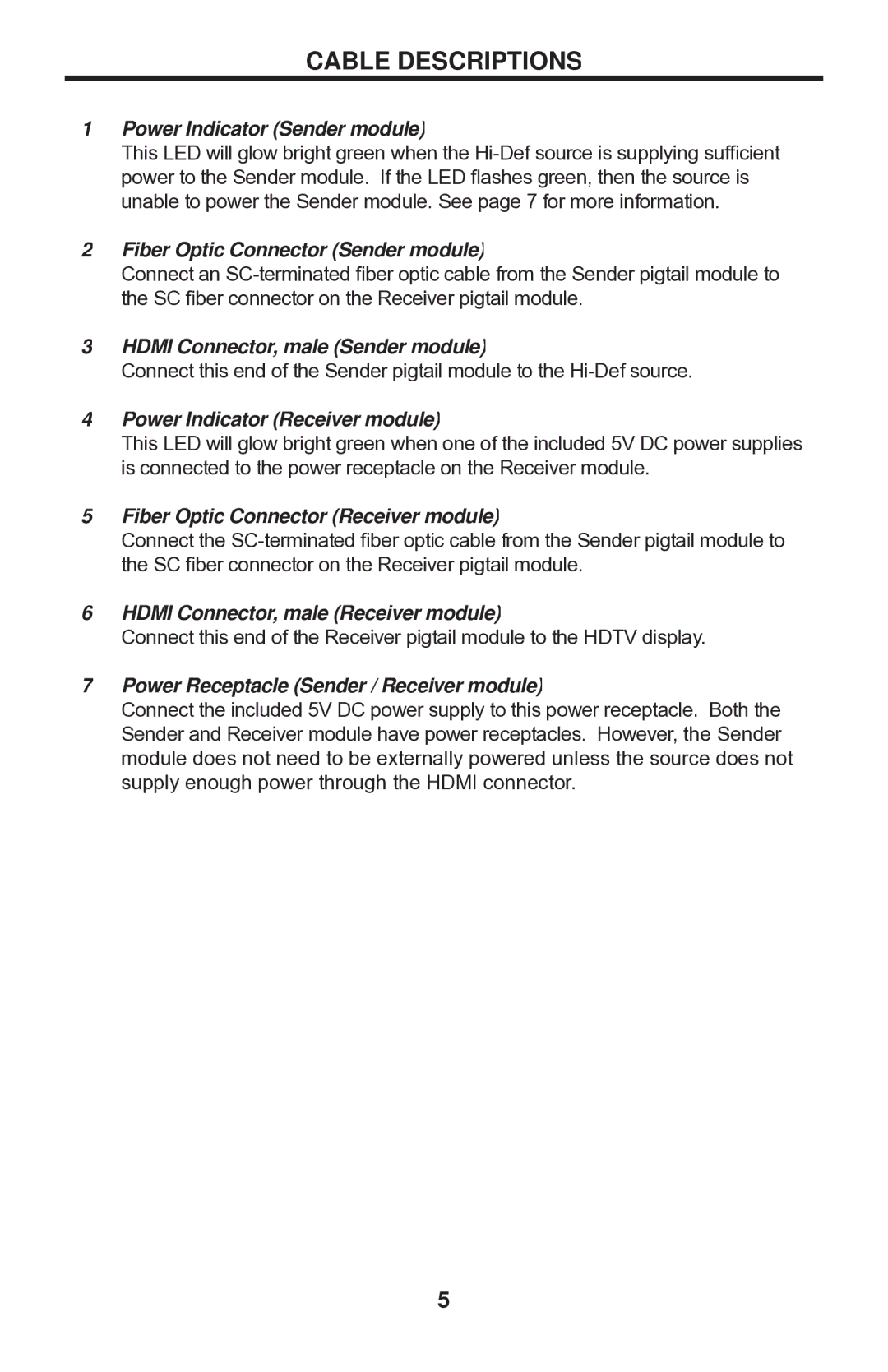 Gefen EXT-HD-CP-FM10 user manual Cable Descriptions, Power Indicator Sender module 