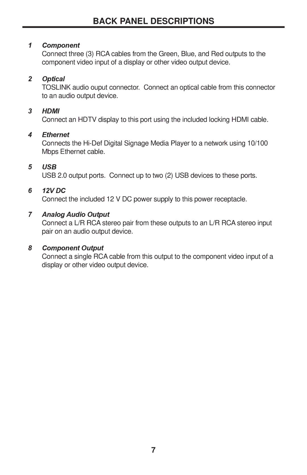 Gefen EXT-HD-DSMP user manual Back Panel Descriptions, Component 