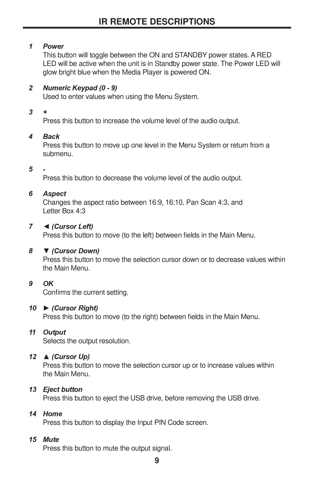 Gefen EXT-HD-DSMP user manual IR Remote Descriptions, Power 