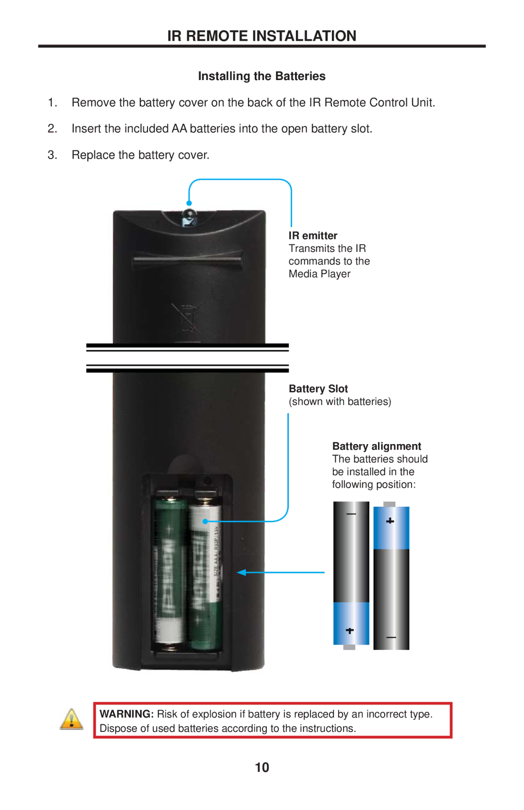 Gefen EXT-HD-DSMP user manual IR Remote Installation, Installing the Batteries 