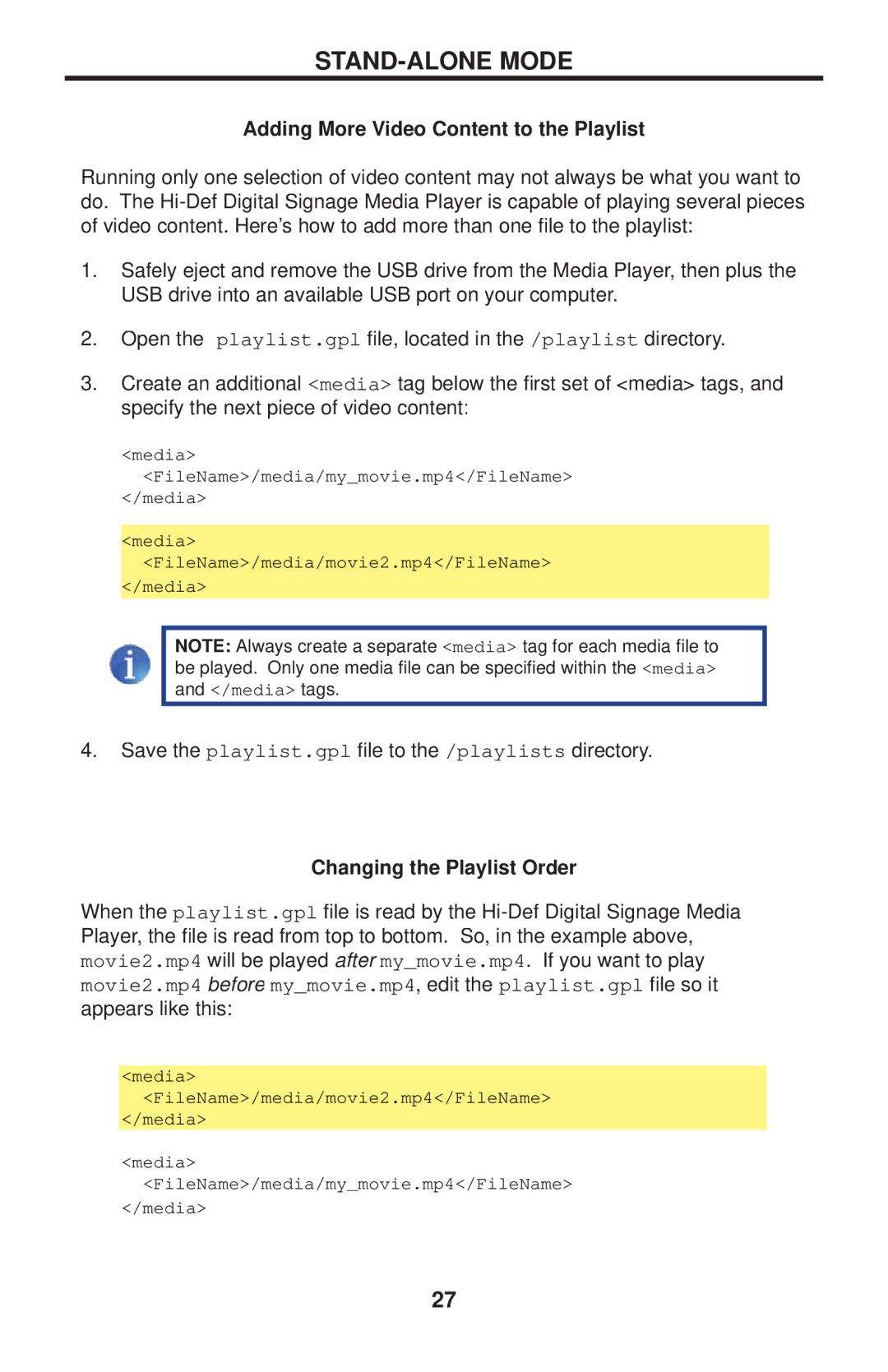 Gefen EXT-HD-DSMP user manual Adding More Video Content to the Playlist, Changing the Playlist Order 